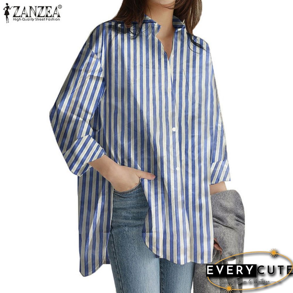Womens Turn Down Collar T-Shirt Full Sleeve Front Pockets Loose Shirt Button Striped Print Tops S-5XL