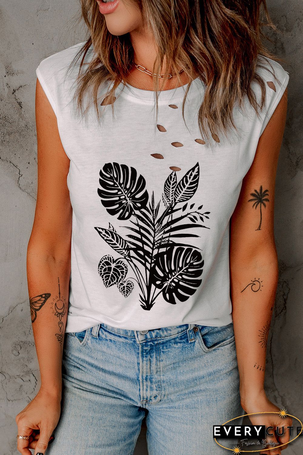 White Tropical Palm Leaves Print Ripped Crew Neck Tank Top