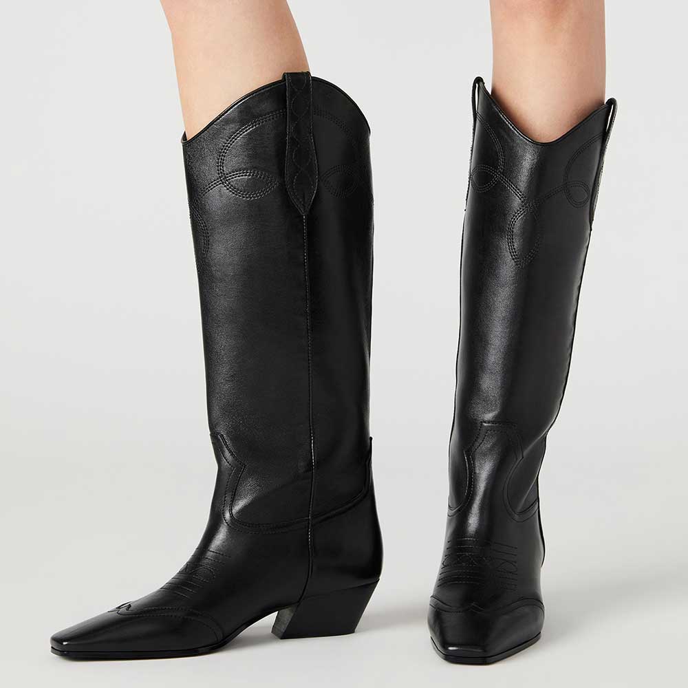 Black Square Toe Embroidered Wide Calf Comfy Heeled Western Boots