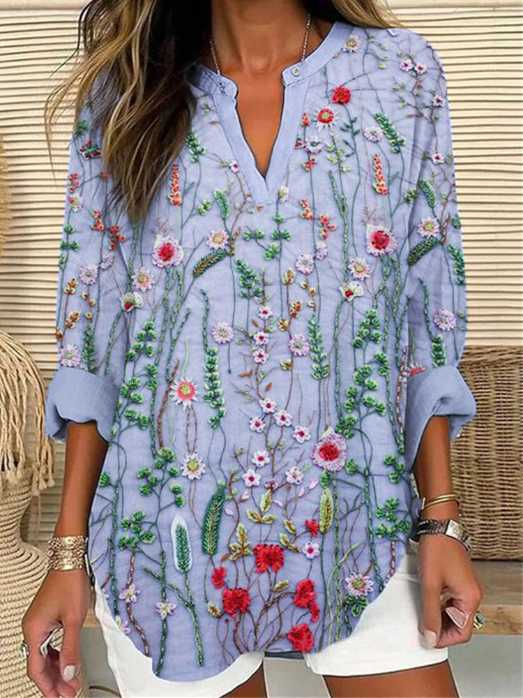 Colorful Floral Lace Embroidered Linen Blend Tunic artswardrobe