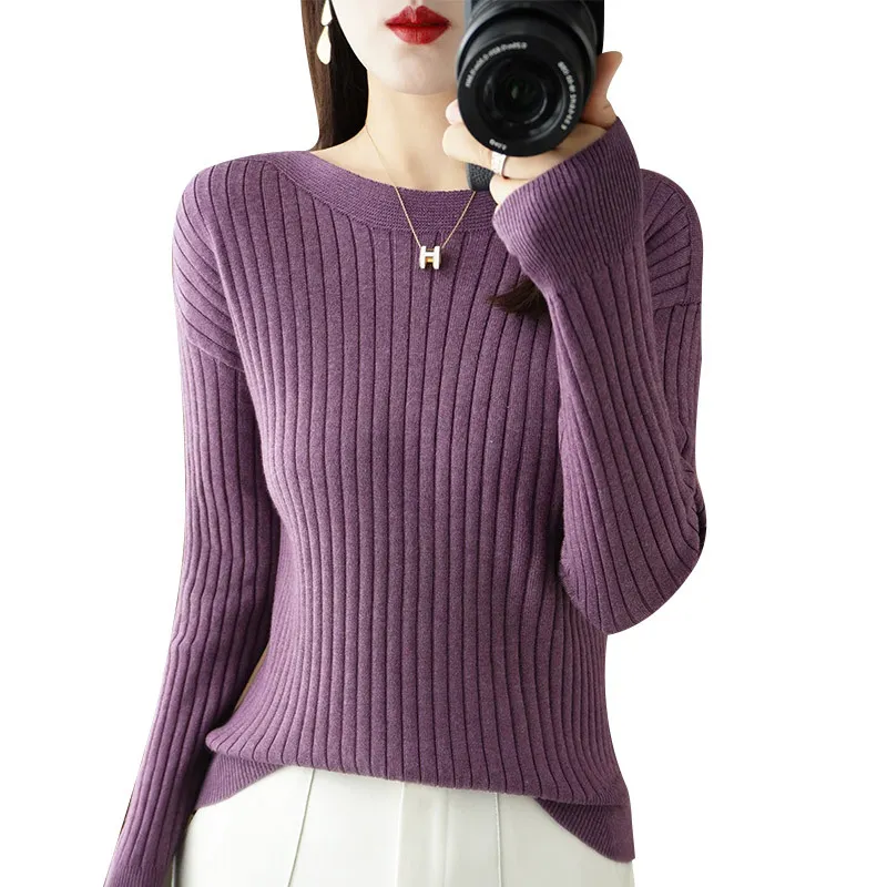 Churchf Churchf Round Collar Knit Women's Thin Early Spring And Autumn With A Sweater Long-Sleeve T-Shirt Wool Undershirt Loose.