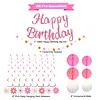 Birthday Decorations, NO DIY, Pre-Strung Happy Birthday Banner with Honeycomb Balls, Hanging Swirls, Circle Dots Garland, Happy Birthday Party Decorations for Women Men Boys Girls (Pink)