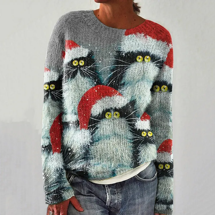 Funny Christmas Cat Print Casual Knit Pullover Sweater