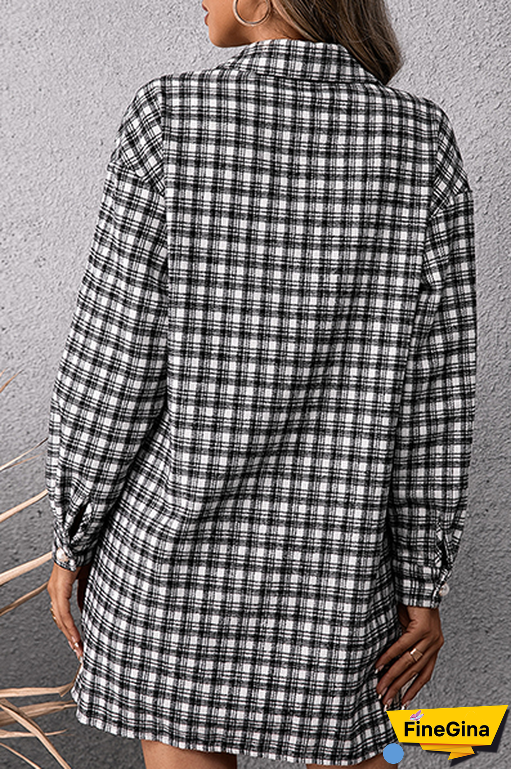 Fashion Casual Plaid Pocket Buckle Shirt Dress Dresses (Without Belt)