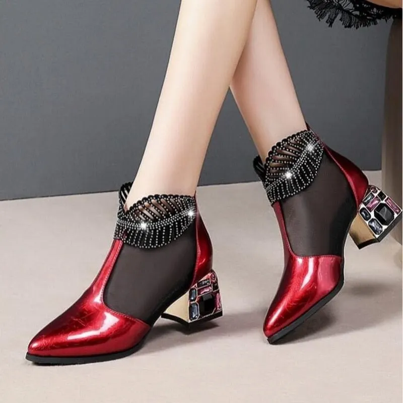 2020 New Sexy Sandals Boots Women Mid Heels Ankle Boot Patent Leather Mesh Thick Heel Pointed toe Shoes for Woman Zip Black Red