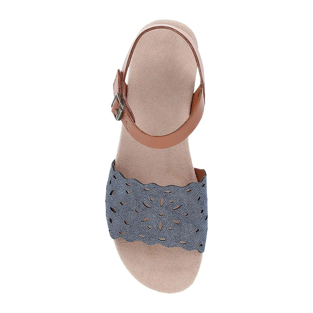 Blue & Tan Denim Round Toe Flat Cut Out Platform Sandals with Buckle