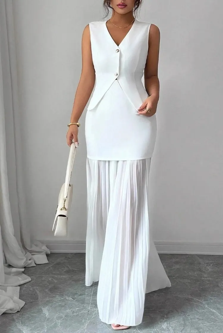 V - Neck Vest and Pleated Skirt Set with Gold Buttons for Women