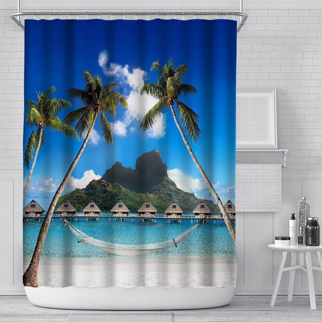 3D Seascape Beach Printed Fabric Shower Curtains Bathroom Curtain Bath Screen Waterproof Products Home Decor with Hooks