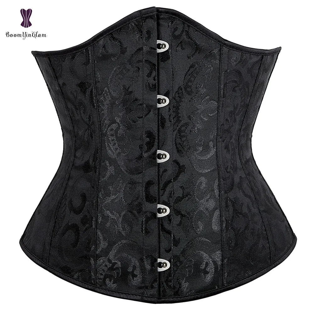 Jacquard Floral Underbust Corset Pink Blue Black White Coffee Lace Up Boned Waist Cincher Shaper Outfit
