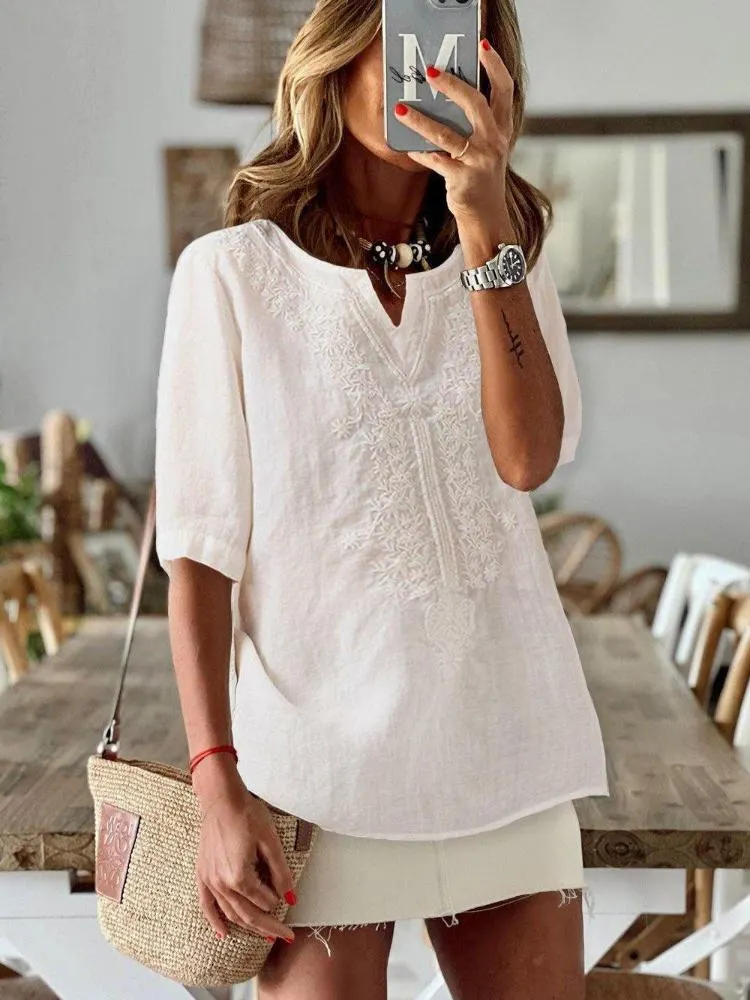 Womens Vintage Literary Embroidery Cotton Linen Loose V-neck Solid Color Short Sleeve Pullover Top
