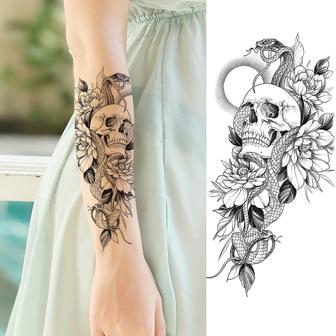 Black Rose Flower Snake Temporary Tattoos For Women Adult Peony Serpent Fake Tattoo Forearm Body Art Painting Waterproof Tatoos