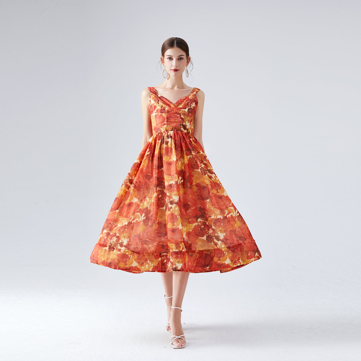 Suspender Dress Printed Large Swing Mid Length Dress Photo Holiday Dress With Belt &ndash; Stylish and Flattering Women&rsquo;s Dress