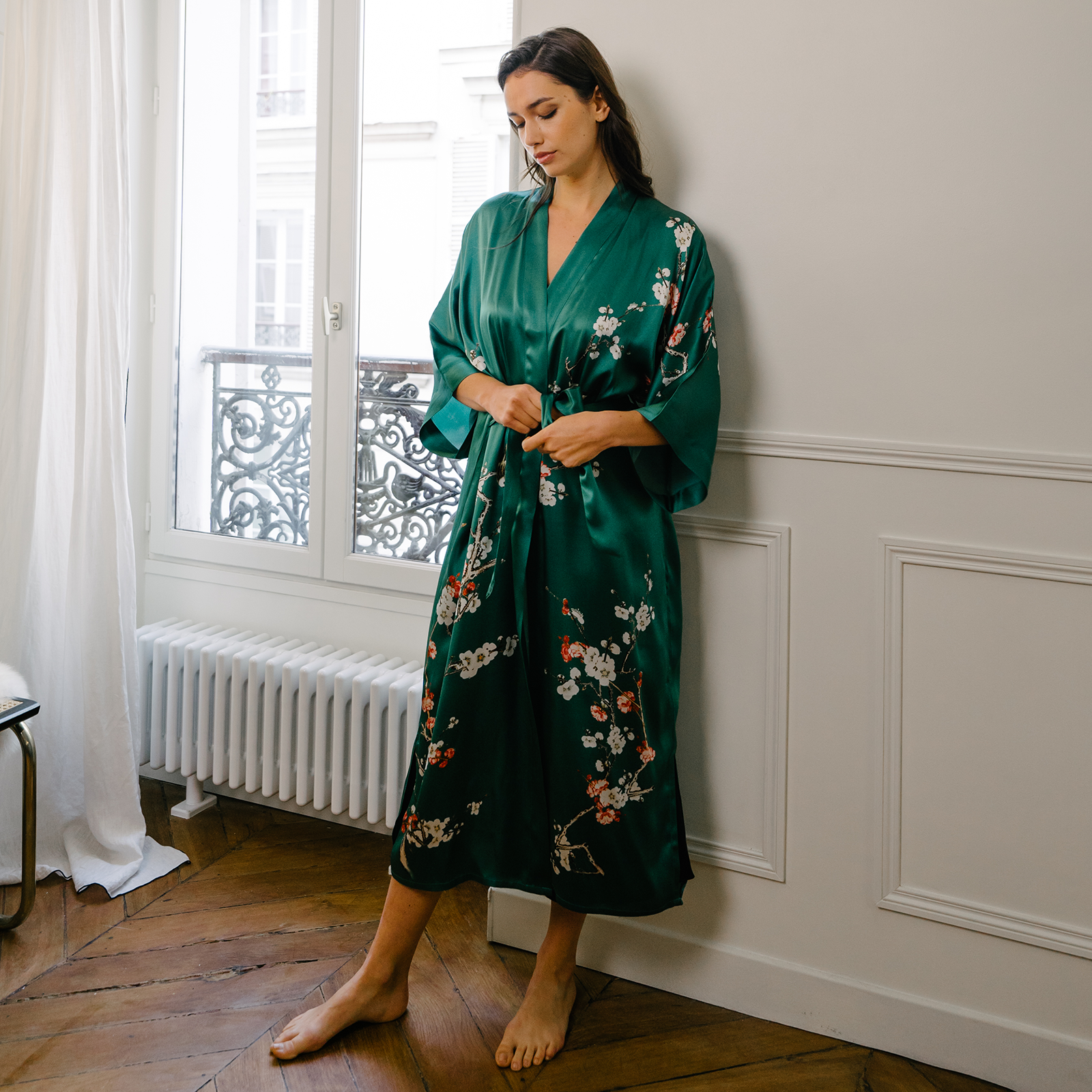 19 Momme Green Floral Women's Silk Kimono Robe REAL SILK LIFE