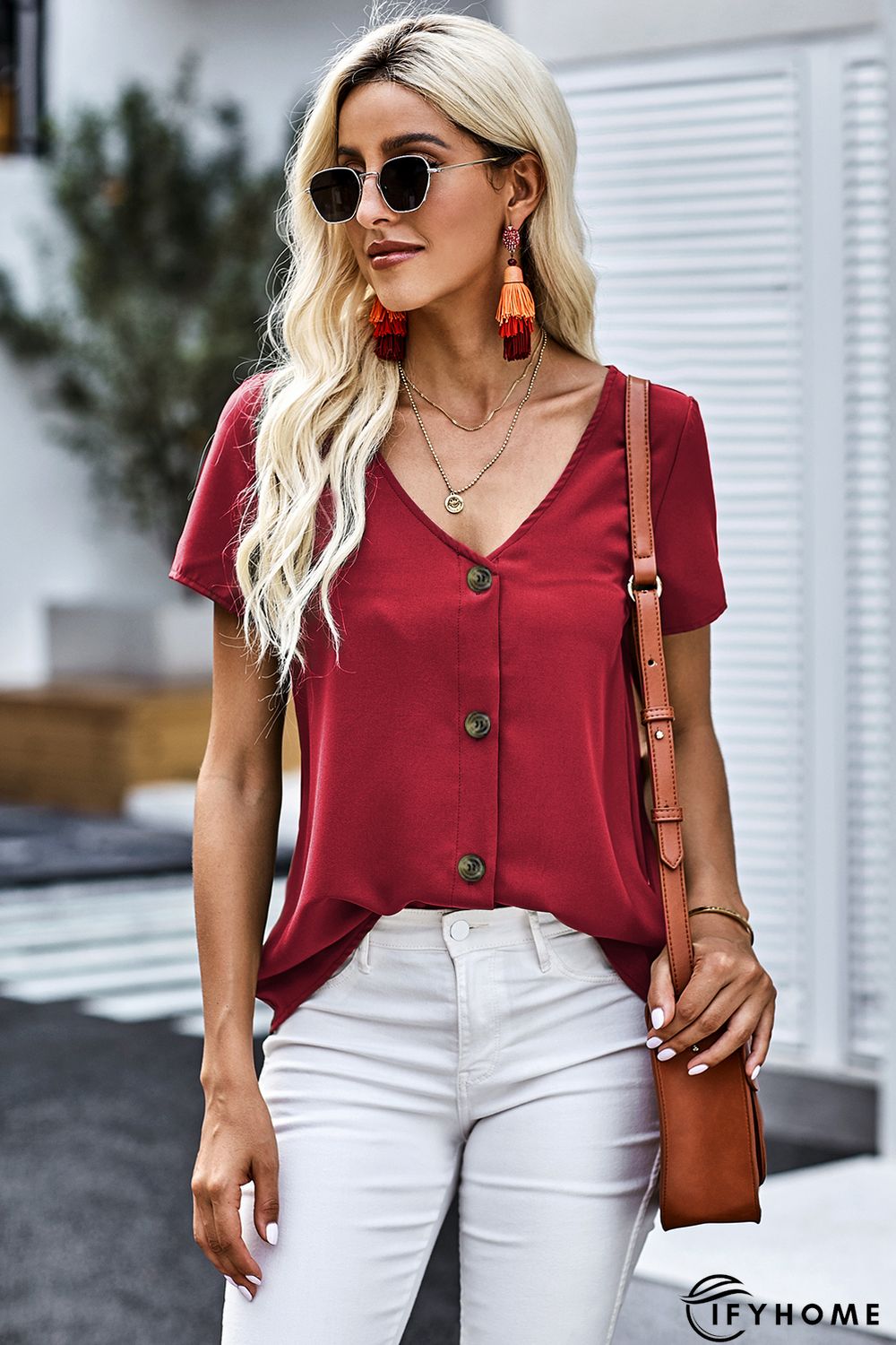 Red Button Detail Short Sleeve V Neck Blouse | IFYHOME