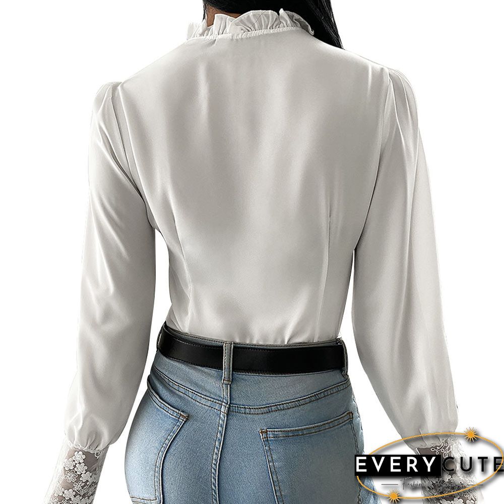 New Elegant Long Sleeve Ladies Tops Blouses Button Casual White Shirt Women Ruffles Collar Fit Slim Women Lace Patchwork Blouse