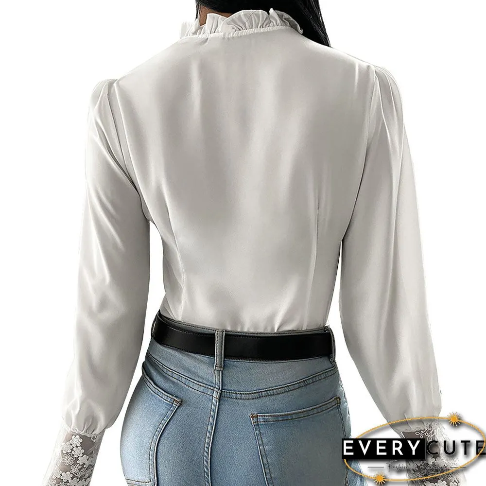 New Elegant Long Sleeve Ladies Tops Blouses Button Casual White Shirt Women Ruffles Collar Fit Slim Women Lace Patchwork Blouse