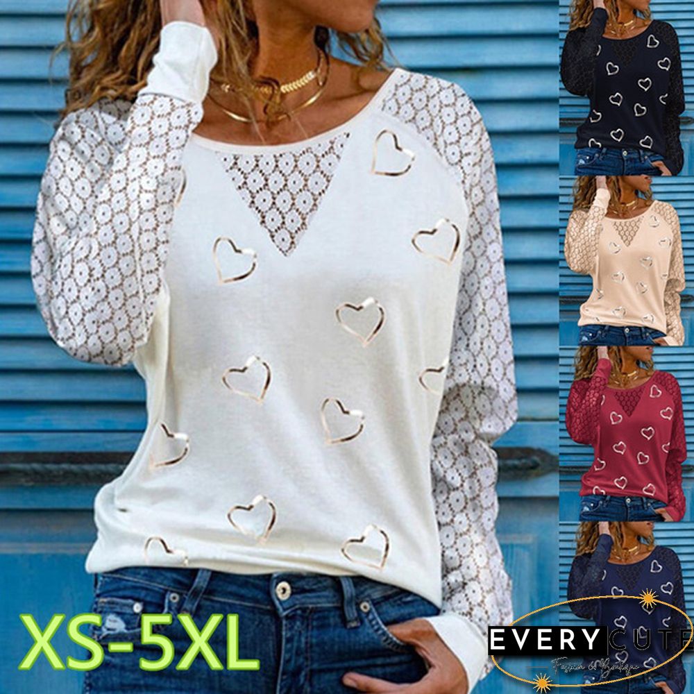 Spring and Early Autumn New Fashion Women's Love Printed Lace Long Sleeve Casual Top Loose Plus Size Soft and Comfortable Round Neck Bottoming Shirt XS-5XL
