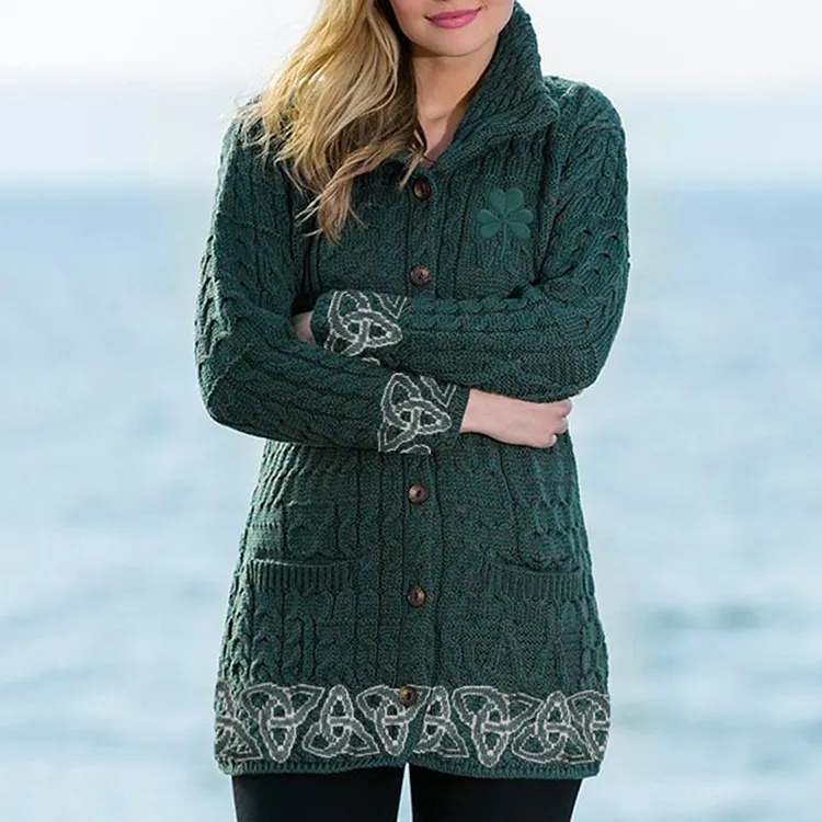 Women's Celtic Knit Jacquard Lapel Button Sweater