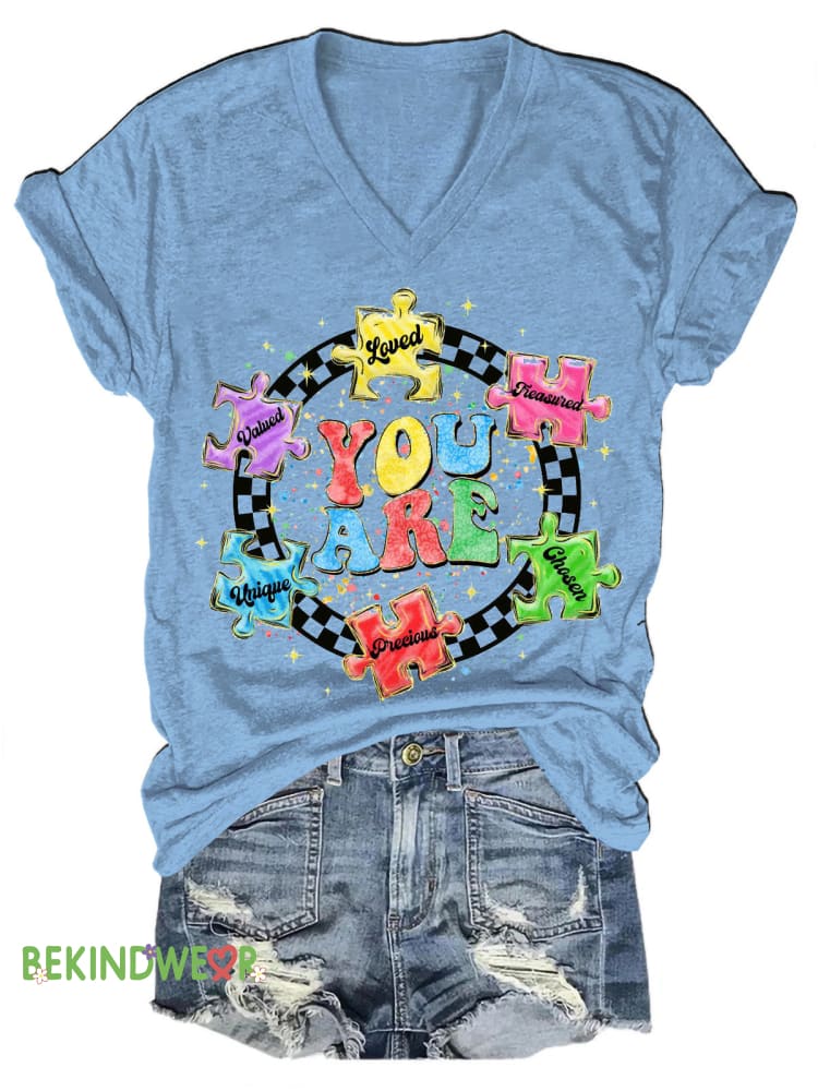 You&rsquo;re The One Jigsaw Plaid Printed Casual V-Neck Short Sleeve T-Shirt LightBlue / S