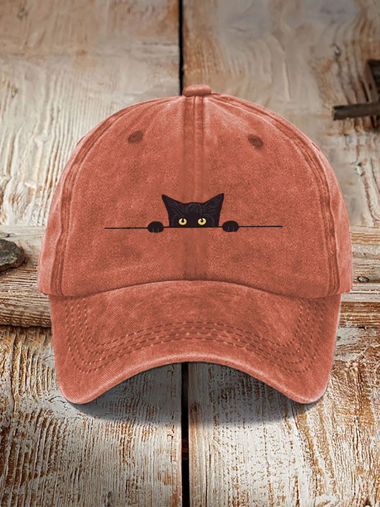 Japanese Art Black Cat Print Washed Hat  artssus