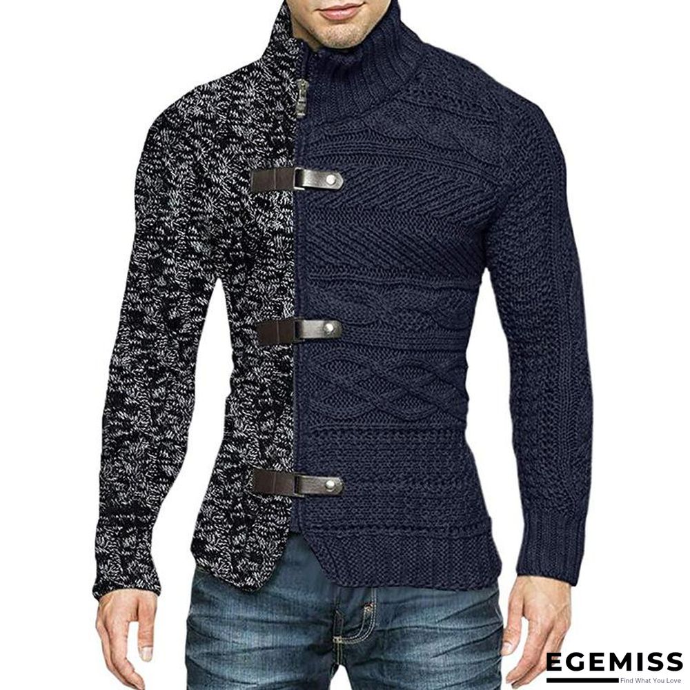 High Neck Sweater Men's Color Matching Leather Buckle Long Sleeve Knitted Cardigan | EGEMISS