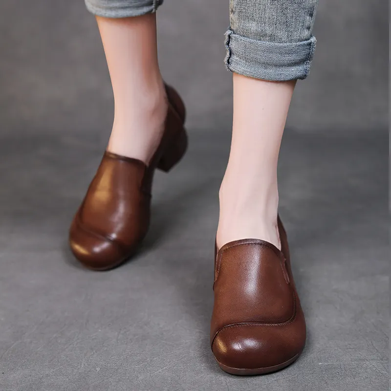 Yyvonne Coarse Leather Single Shoe Set National Breeze Layer Cow Skin Mother Shoes Heel Round Head Black Working Shoes Woman