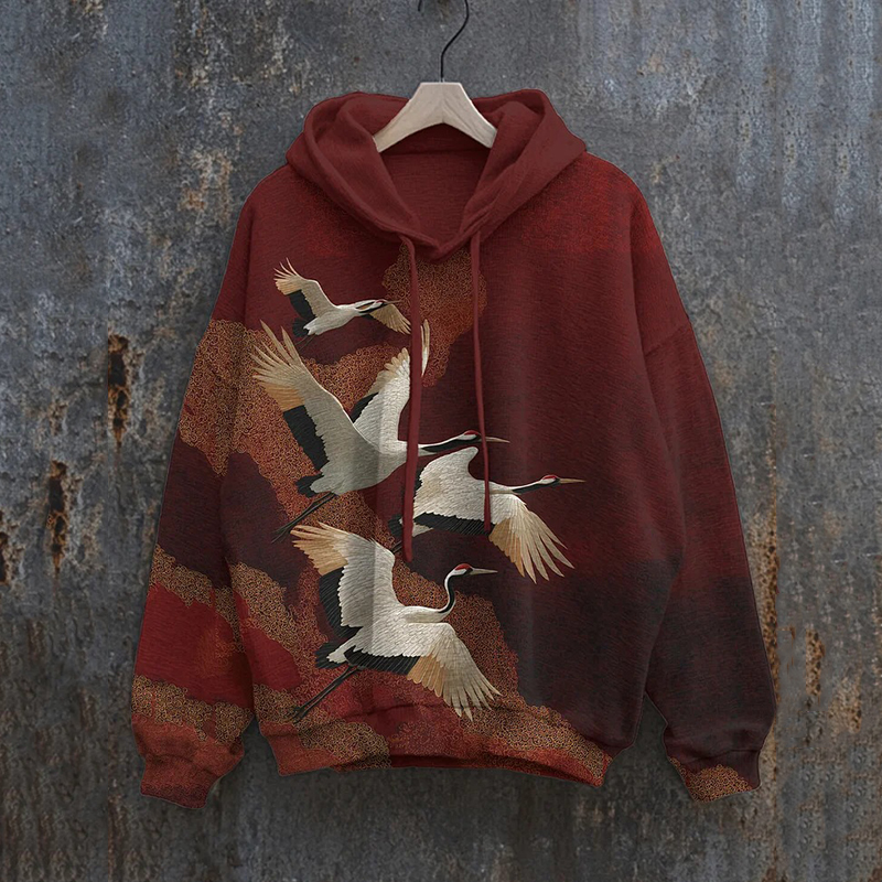 Men's Crane Embroidered Art Print Hoodie  artssus