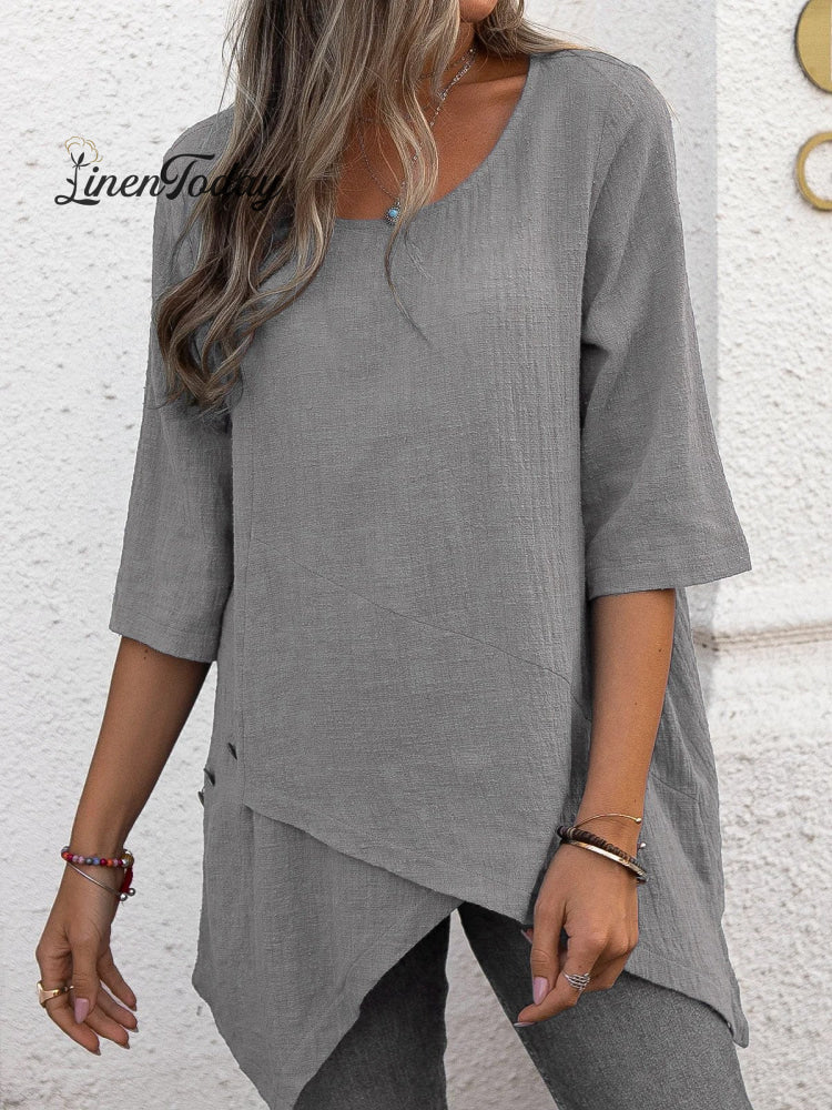 Cotton And Linen Crewneck Irregular Shirt Top Grey / S