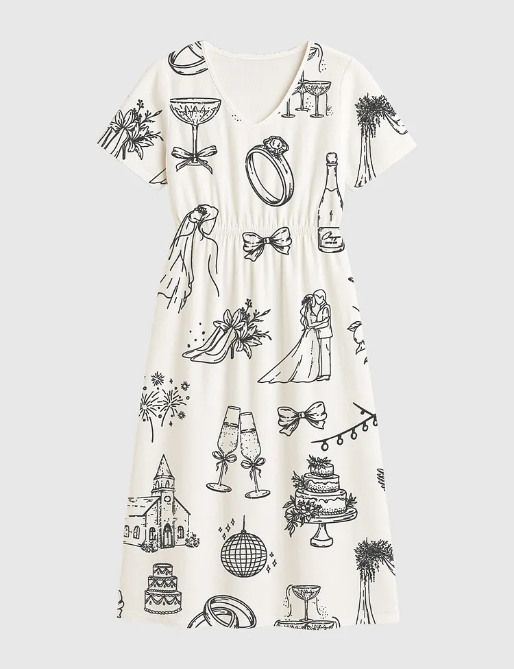 Women&rsquo;s Hand Drawn Wedding Icons Champagne Wedding Timeline Short Sleeve Dress