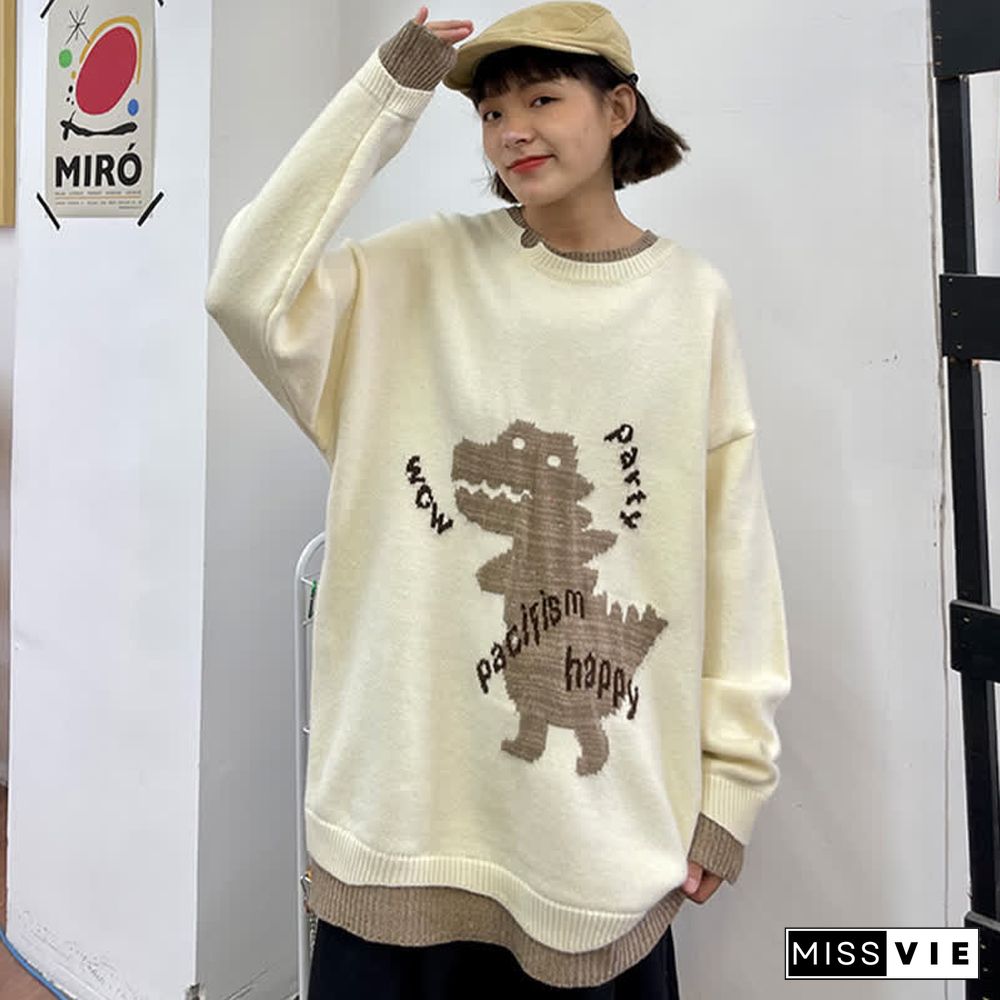 Cartoon Dinosaur Letter Print Colorblock Knit Sweater