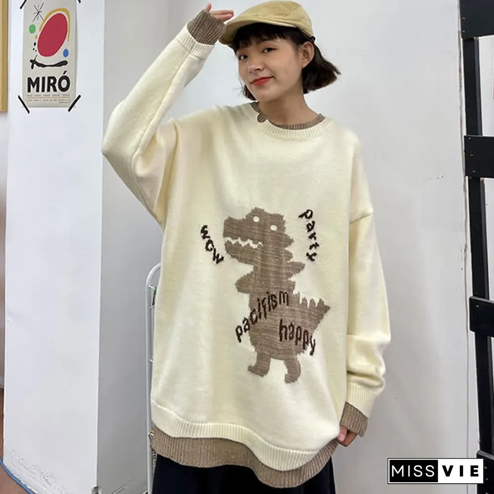 Cartoon Dinosaur Letter Print Colorblock Knit Sweater