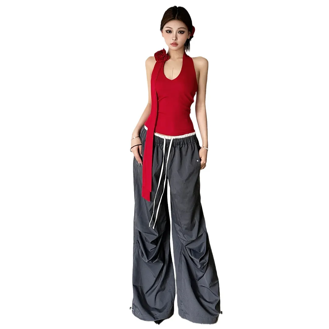 Brownm 2024 Summer New Women's Solid Color Hanging Neck Three-Dimensional Flower Vest High-Waist Loose Straight Trousers