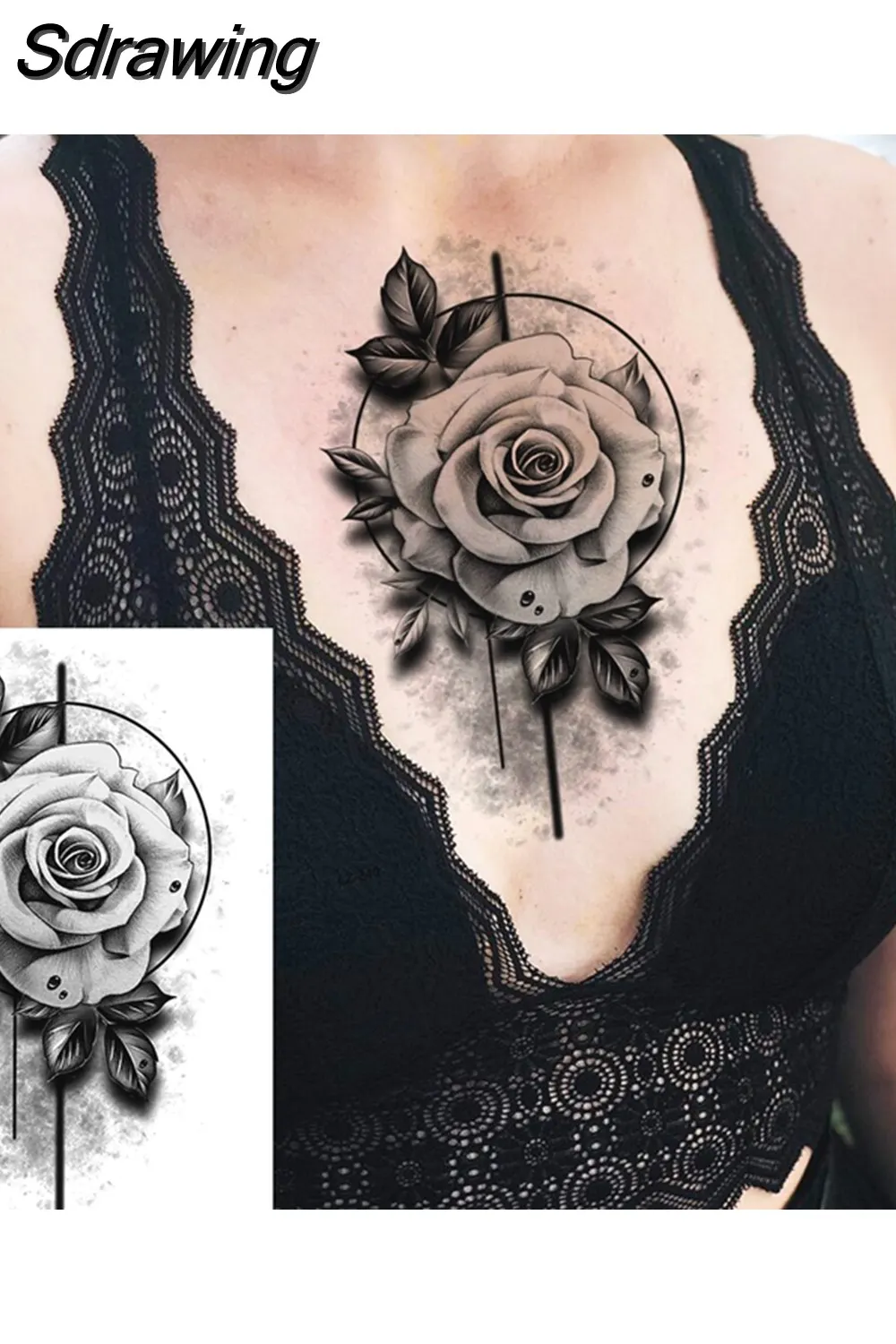 Sdrawing Peony Flower Temporary Tattoos For Women Adults Realistic Compass Moon Pendant Fake Tattoo Sticker Arm Body Tatoos 507-1