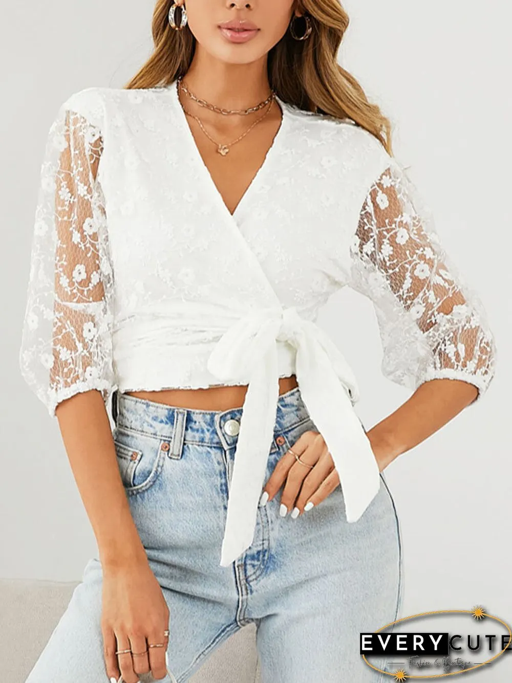 Lace Solid Tie V-neck 3\/4 Sleeve Crop Top For Women
