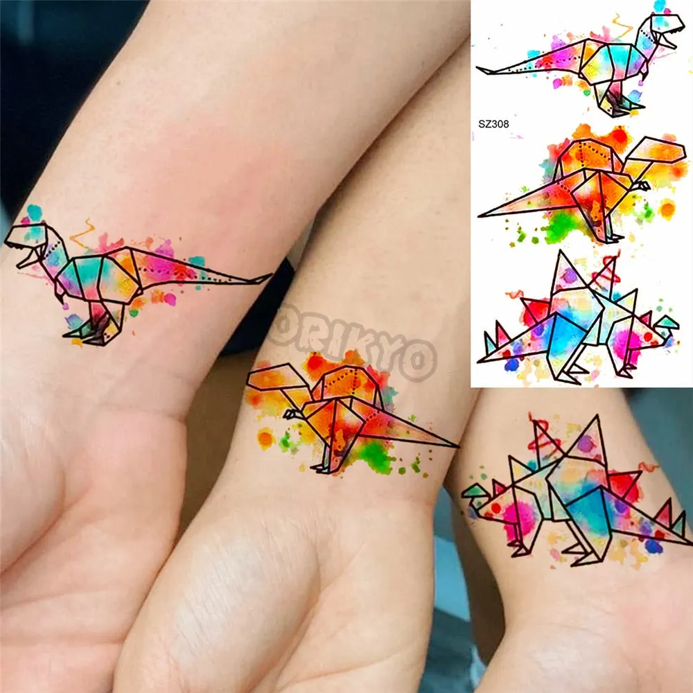 Colorful Dinosaur Temporary Tattoos For Kids Girls Rose Flower Lavender Hummingbird Fake Tattoo Sticker Forearm Neck Tatoos Show