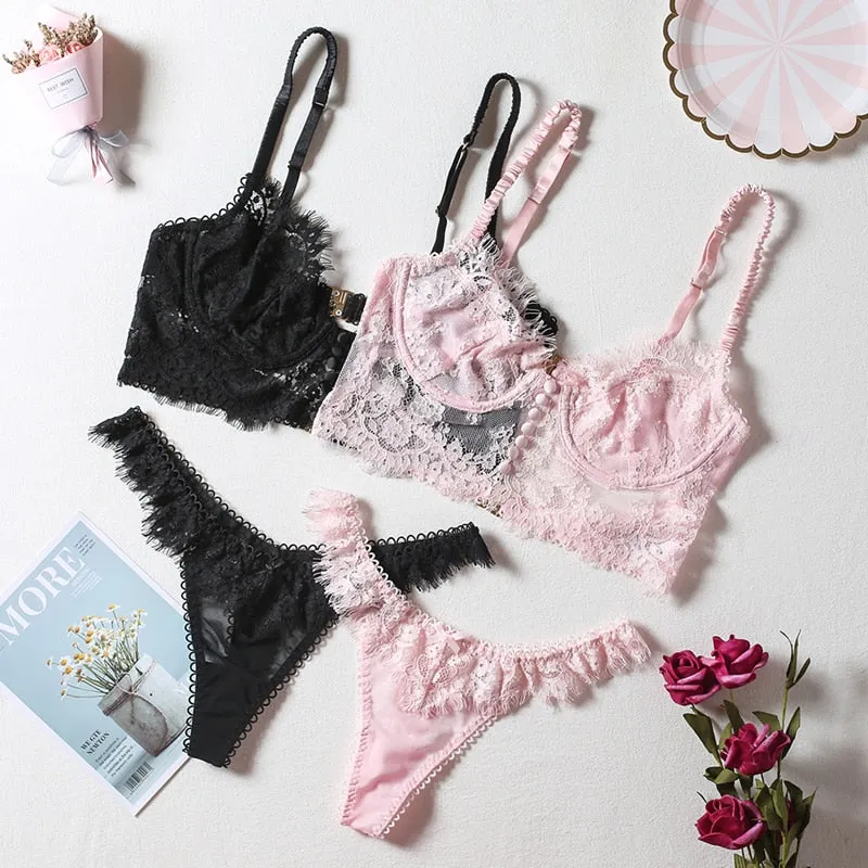 Sexy Lingerie Women Underwear Eyelash Lace Bralette Push Up Brassiere Pink Secret Bra Sensual Erotic Lingerie Bra and Panty Set