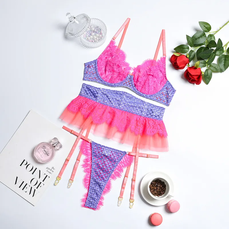 Billionm Sexy Lingerie Women Intimates Lace Underwear Set Push Up Bra Fish Net Nightwear Mesh Sheer See Through Sets Patchwork Color