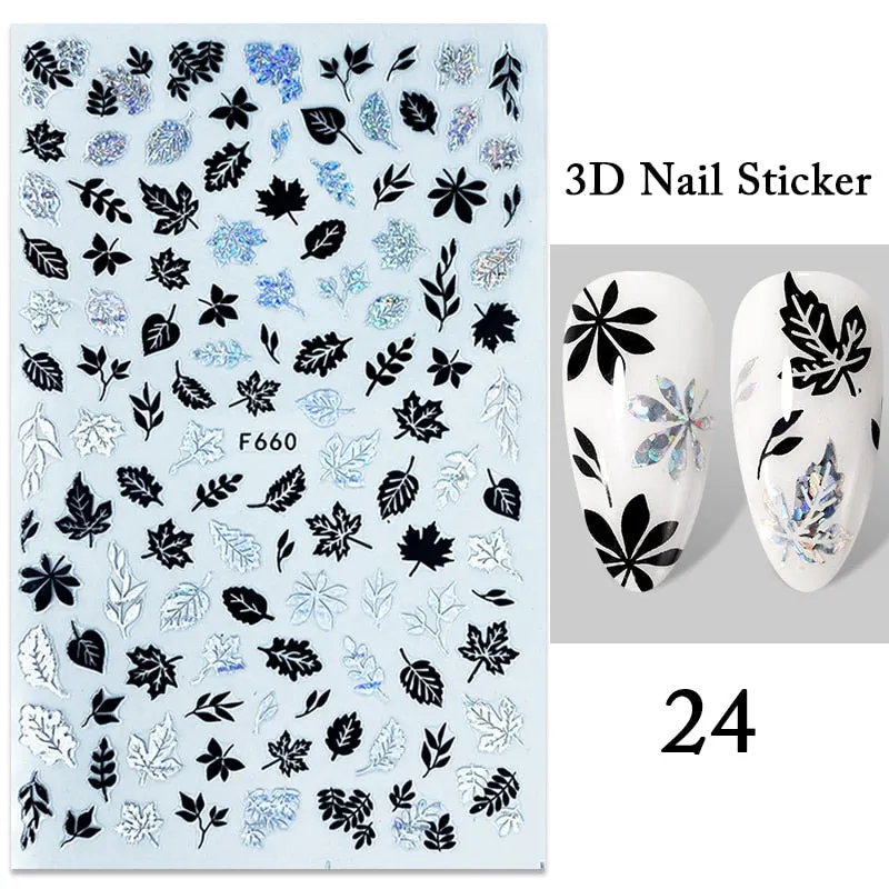 1PC iridescent Gold Black White 3D Nail Sticker Leaves Geometric Tropical Beach Decals DIY Slider Decoration Manicures-Nail Inspo