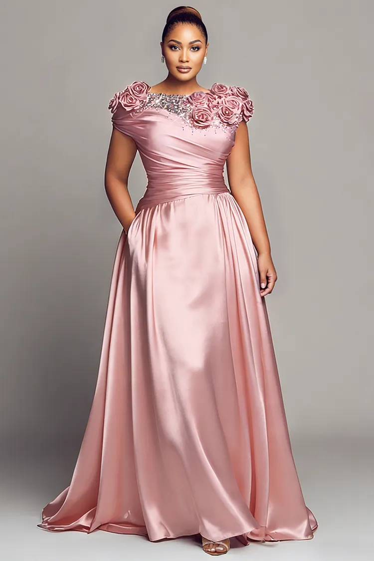 Xpluswear Design Plus Size Formal Pink Boat Neck Cap Sleeve Short Sleeve 3D Drilling Satin Maxi Dresses [Pre-Order] 2024 - Xpluswear