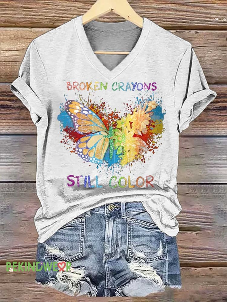 Women&rsquo;s Broken Crayons Still Color Butterfly V-neck Casual T-Shirt White / S