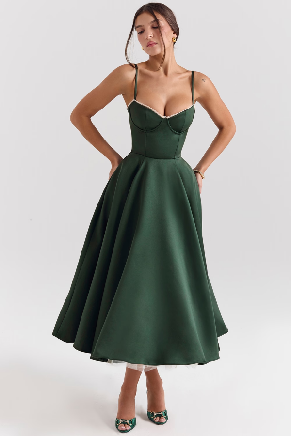 Green Spaghetti-Straps Evening Dress With Ivory Lining ZT0442
