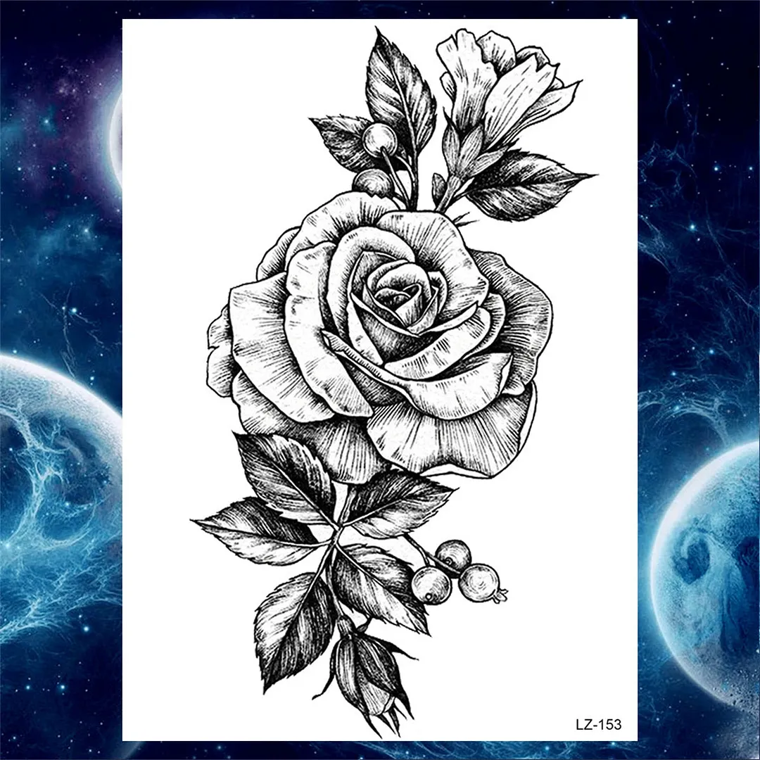 Flower Compass Temporary Tattoo For Women Girls Adult Rose Peony Tattoos Sticker Fake Black Floral Body Art Thigh Tatoos Paper