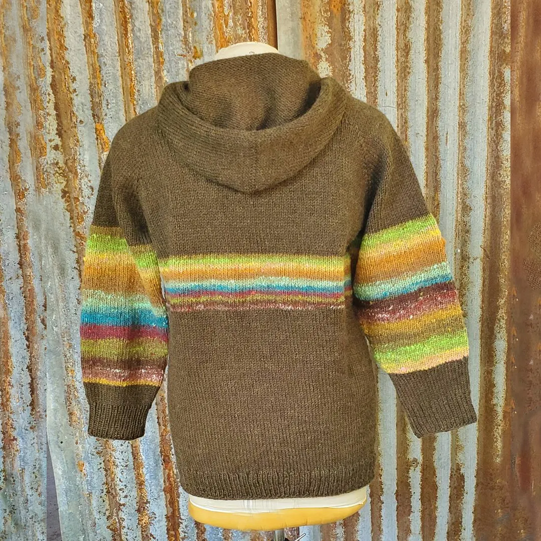 Retro Rainbow Stripes Knitted Icelandic Hooded Sweater