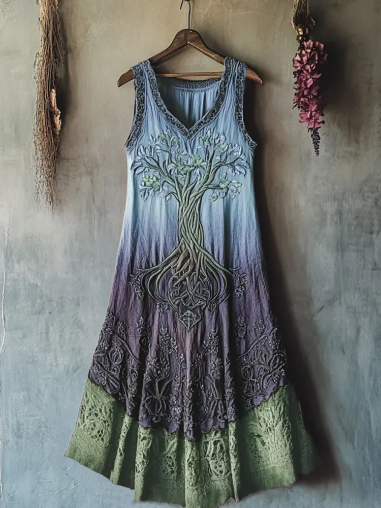 Vintage Viking Tribal Celtic Knot Life Of Tree Lace Patchwork Art Linen Tank Dress