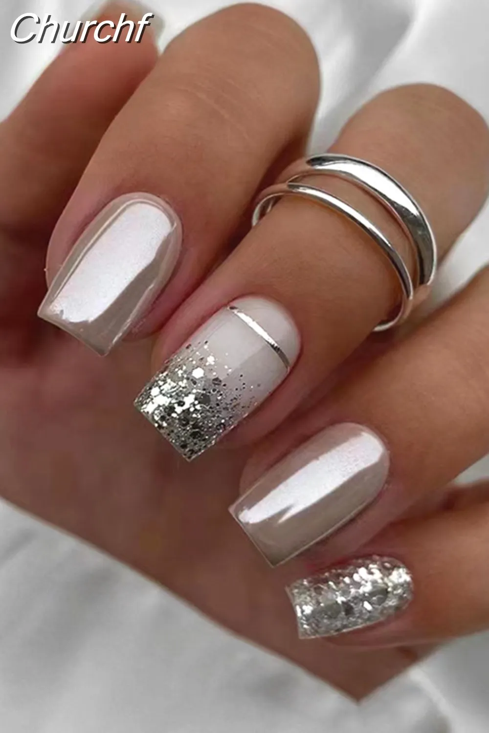 Churchf Nail Full Cover Fake Nail Pink Glitter Wearable French Short Nails Square Head False Nail Press On Nails Manicure Tool 715-1-Nail Inspo