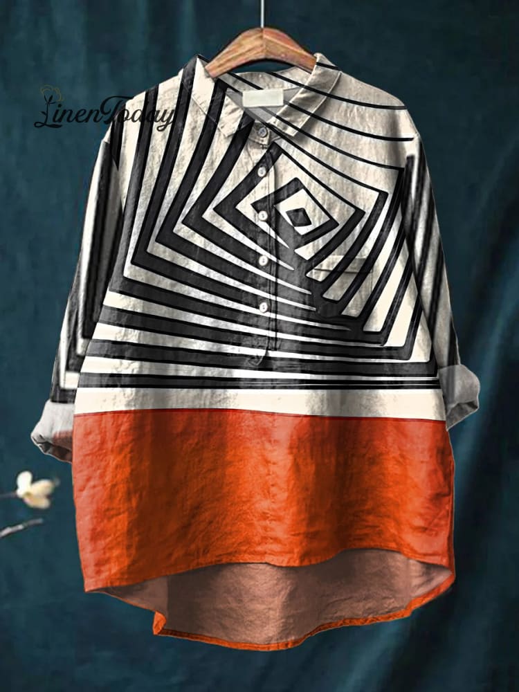 Women&rsquo;s Block Abstract Geometry Print Casual Cotton And Linen Shirt Multicolor / S