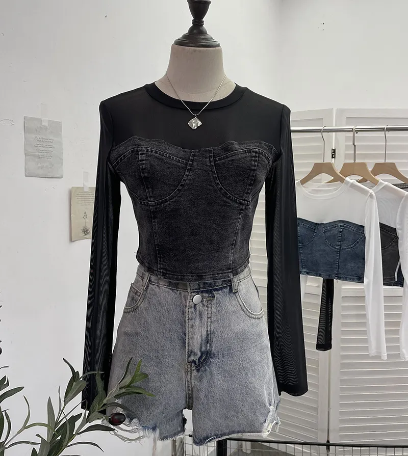 Churchf Fashion Fake Two Denim Splicing Mesh Long Sleeve Top Short Open Umbilion T-Shirt 2623