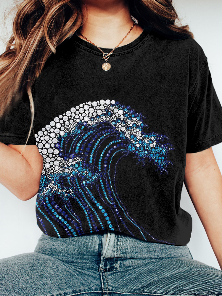 Japanese Wave Inspired Rhinestone Art Vintage T Shirt