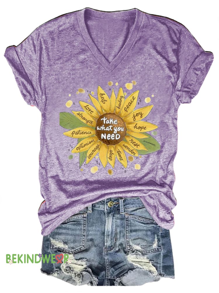 Take What You Need Love Hope Joy Peace Sunflower Print Casual V-Neck Short Sleeve T-Shirt Purple / S