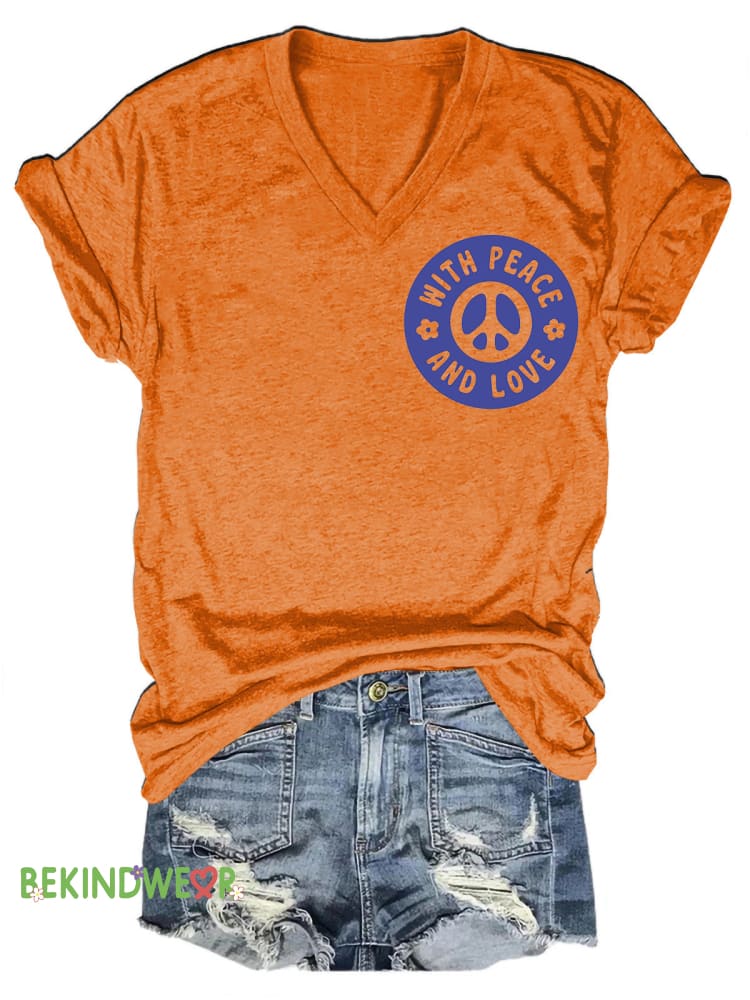 With Peace And Love Printed Casual V-Neck Short Sleeve T-Shirt Orange / S